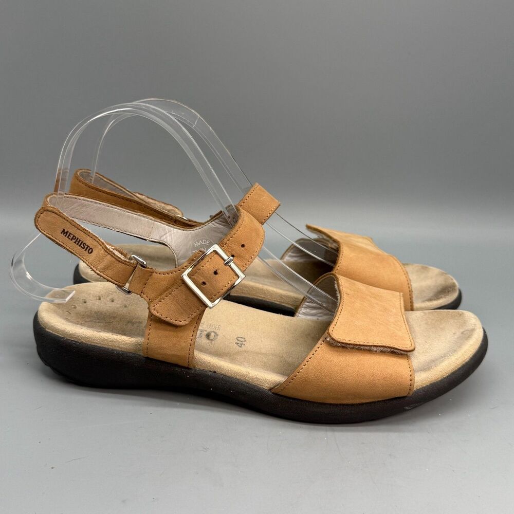 Mephisto Sandal Women's 9 Brown Leather Adjustable Hook Loop Slingback Sandals